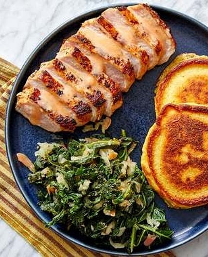 Southern Pork Chops & Crispy Corn Cakes with Braised Apple & Kale