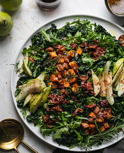 Winter Salad with Rosemary Sweet Potatoes, Bacon, and Pear