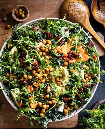 Super Green Sun-Dried Tomato Herb Salad with Crispy Chickpeas