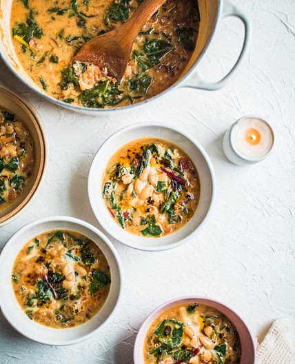One Pot Creamed Beans and Greens with Chili Oil