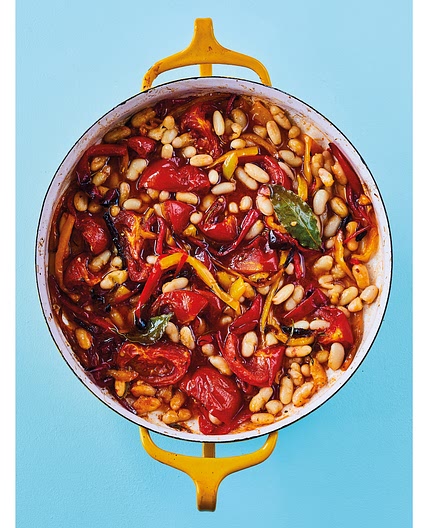 Slow Roasted Peppers With Chilli, Lemon and Garlic Beans by Rukmini Iyer