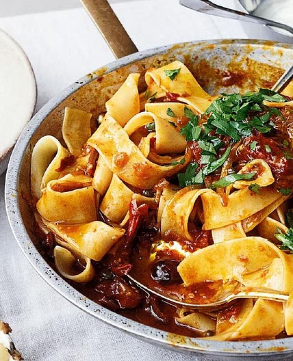 Yotam Ottolenghi's Pappardelle with Rose Harissa, Black Olives and Capers
