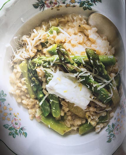 Barley risotto with Asparagus, Cider, and Goat Cheese