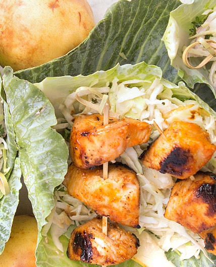 Sriracha-Grilled Chicken Skewers with Pear-Cabbage Slaw | Paleo Magazine