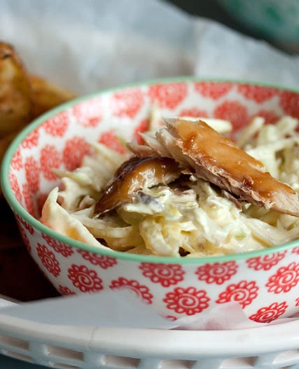 Smoked mackerel and cabbage slaw with potato wedges