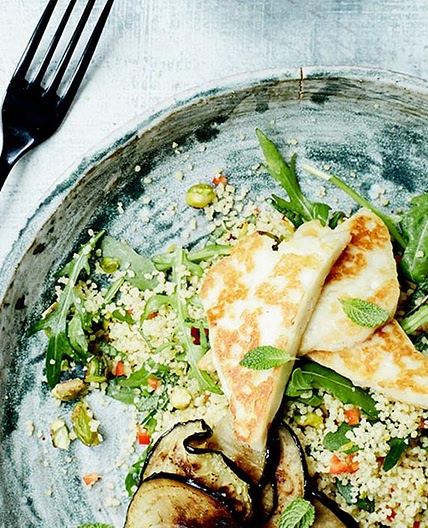 Halloumi and aubergine with minted couscous