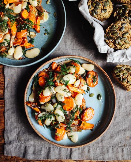 Roast Carrot, Shallot, Butter Bean & Dill Salad with Chickpea Olive Muffins