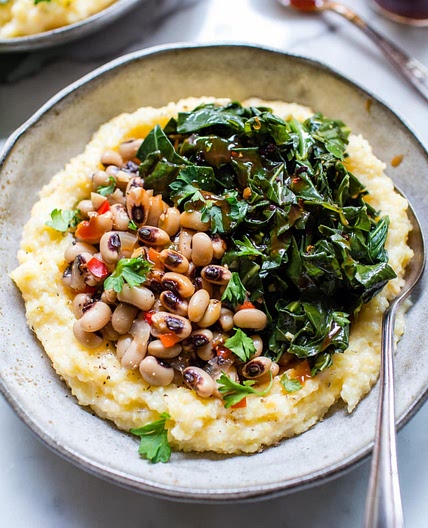 Black Eyed Peas with Smoky Collards and Cheesy Grits