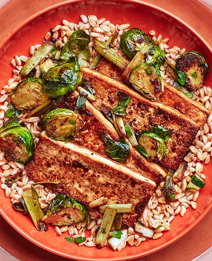 Marinated Tofu With Brussels Sprouts and Farro