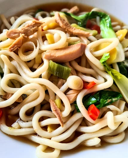 Chinese-style Chicken Noodle Soup in home-made stock