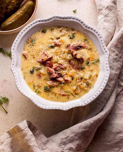 Polish Dill Pickle Soup with Smoked Ham