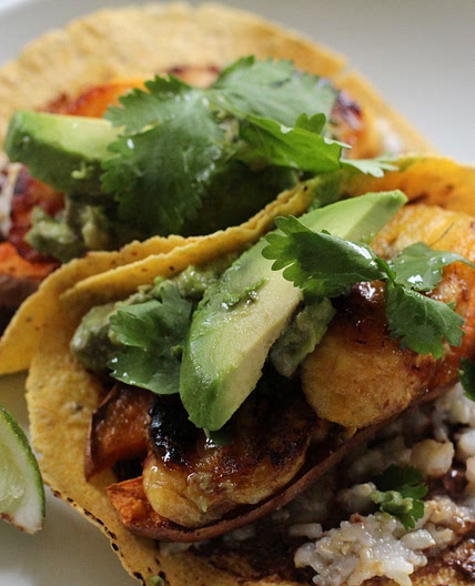ROASTED SWEET POTATO, PLANTAIN & CACAO MOLE TACOS