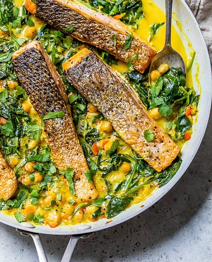 Salmon Coconut Curry with Spinach and Chickpeas