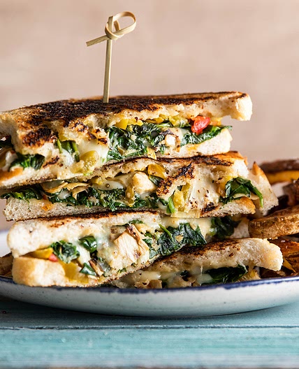Spinach Artichoke Grilled Cheese with Hot Pepper Mayo and Oregano Fries
