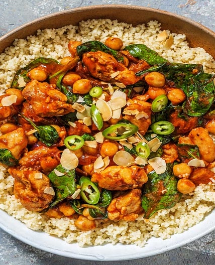 Chicken and Chickpea Tagine Style Stew with Flaked Almonds and Couscous