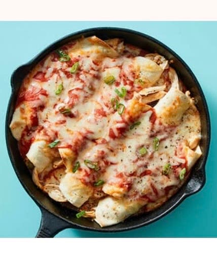 Cheesy Skillet Pulled Chicken Enchiladas with Scallions