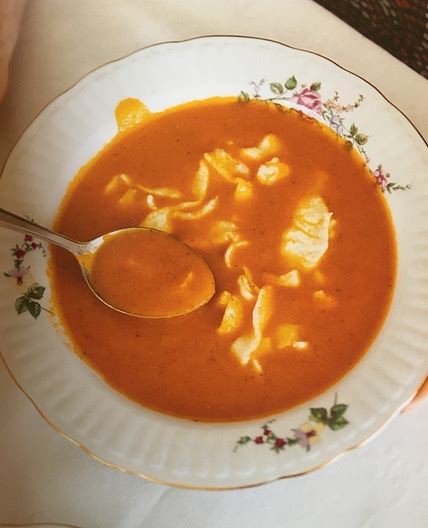 Tomato-Apple Soup with “Poured Noodles”