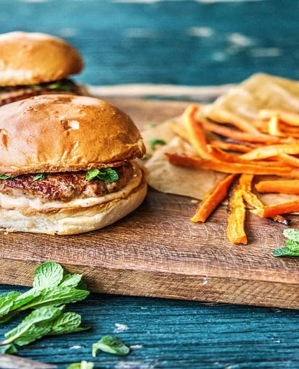Lemongrass Pork Burgers with Carrot Fries and Sriracha Mayo