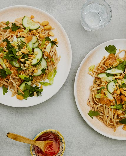 Peanut butter brown rice noodles with cucumber and ­­spring onions recipe