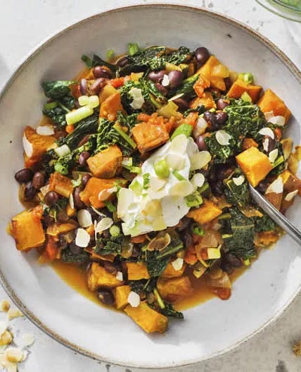Black bean & Sweet Potato Stew with Cavolo Nero & Harrissa 