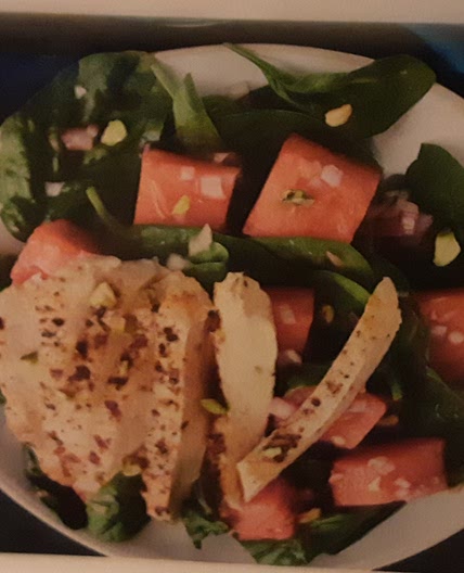 Spicy Seared Chicken with Watermelon- Spinach Salad