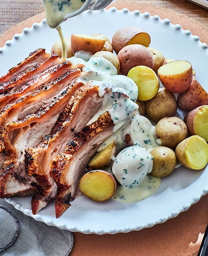Danish stegt flæsk med persillesovs (grilled pork belly with parsley sauce)
