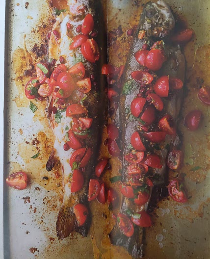 Roasted trout with tomato, orange and barberry salsa