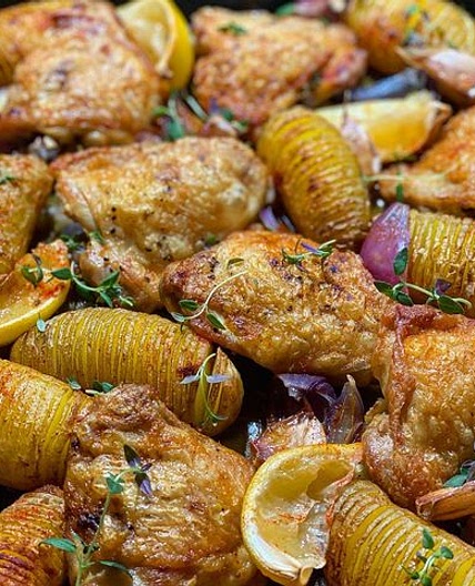 Lemon and garlic chicken and hassle back tray bake 