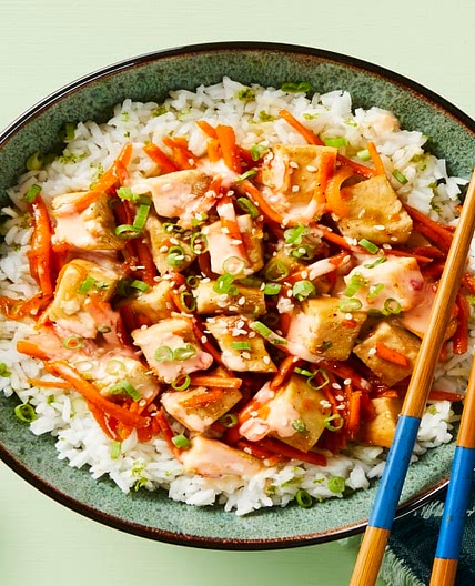 Saucy Sesame Chicken Stir-Fry with Lime Rice & Sriracha Lime Mayo