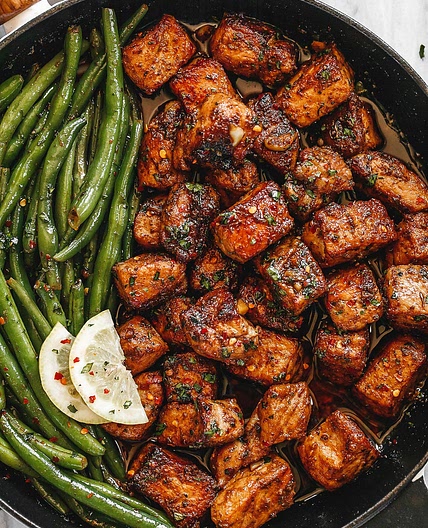 Garlic Butter Pork Bites with Lemon Green Beans