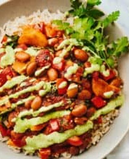 Plantain and Pinto Stew with Aji Verde