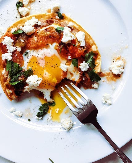 Breakfast Tostadas With Fried Eggs, Refried Beans And Homemade Salsa