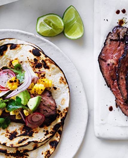 Flank steak tacos with corn, avocado and coriander