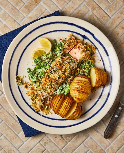 Herb-Crusted Salmon With Hasselback Potatoes