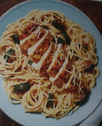 Herby chicken over lemon spaghetti