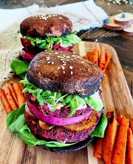 Double Decker Burger w/ Portobello Bun by @veganbunnychef 
