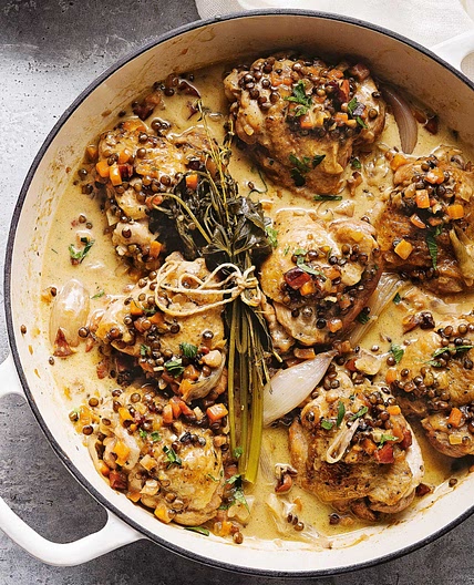 French-braised chicken and lentils
