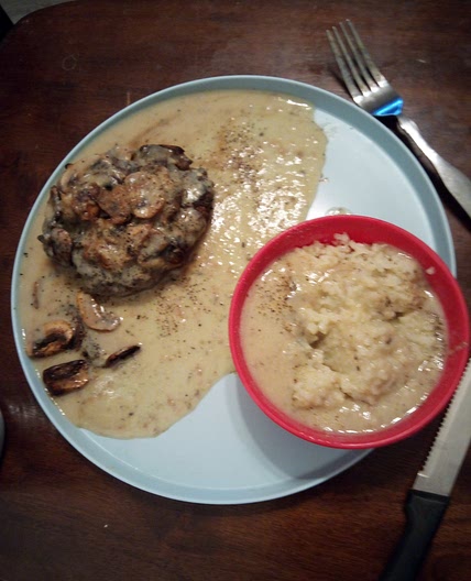 Hamburger steak with cauliflower potatoes and a mushroom gravy