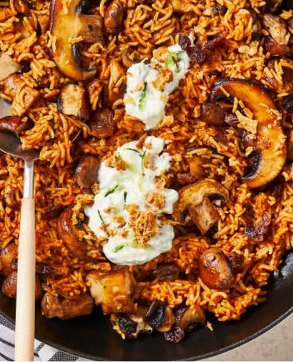 Mushroom Biryani With Cucumber Raita