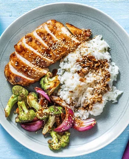 Hoisin Sticky Baked Chicken Breast with broccoli and red onion