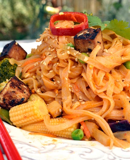 Vegan Red Coconut Curry Pad Thai Noodles with Crispy Garlic Tofu