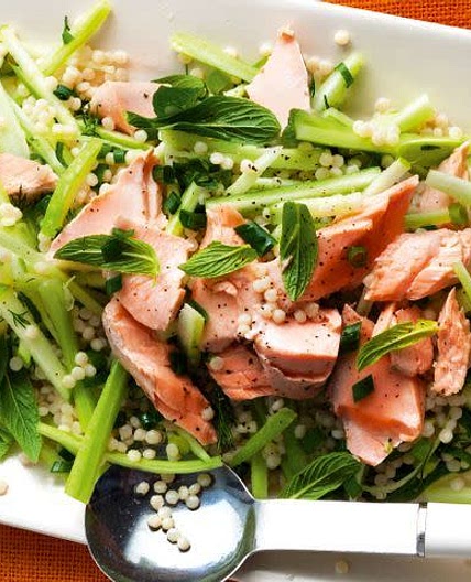 Pearl couscous salad with poached salmon