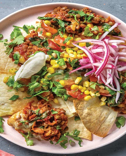 Loaded Lentil Cheesy Nachos with Corn Salsa & Quick–Pickled Onion
