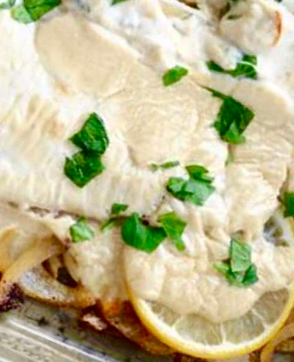 Baked Fish with Tahini Sauce. (سمك بالطحينة بالفرن)