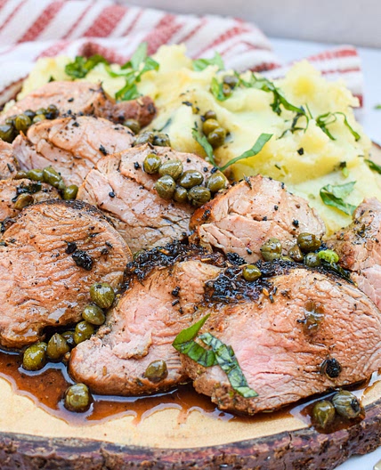Whole30 Pork Tenderloin with Balsamic Caper Pan Sauce and Basil, Truffle Mashed Potatoes