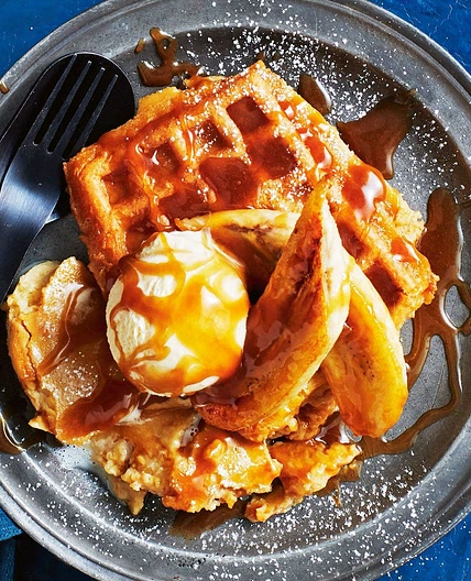 Caramel custard waffle bake with bananas recipe