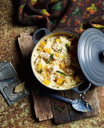 Baked chicken and butternut risotto