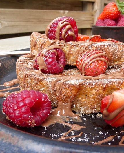 Churro French Toast (with milk chocolate, strawberries & raspberries)