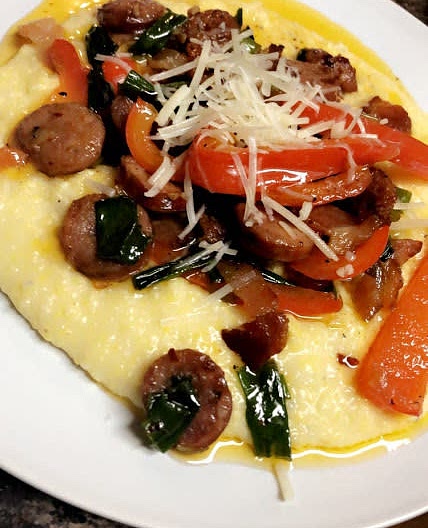 Soft Polenta with Bacon and Andouille (or Shrimp)