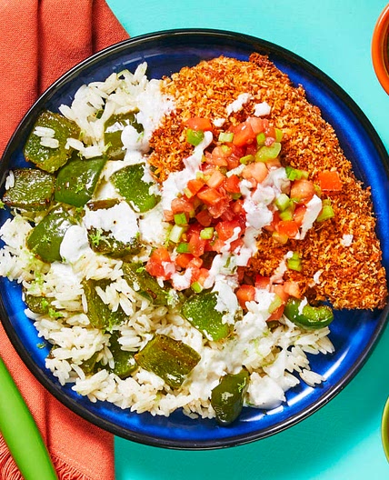 Nacho-Inspired Crispy Crust Chicken served with Bell Pepper Rice & Traditional Fixings